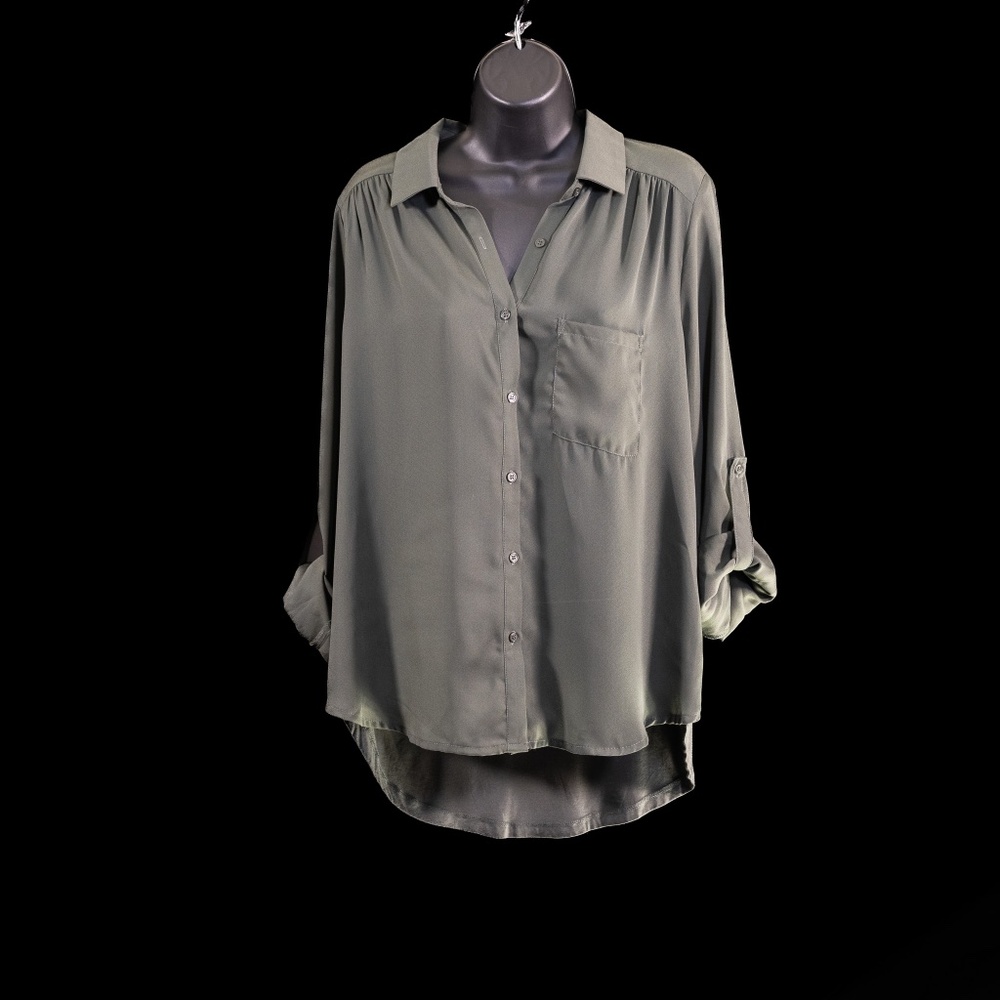 Pleione Crinkle Balloon Sleeve Casual Collared Blouse Cypress Size L